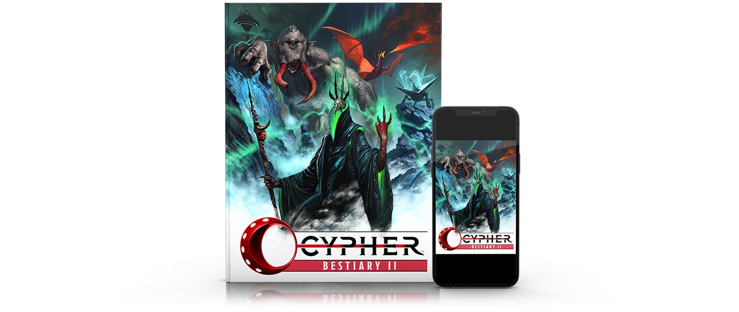 Image of Cypher Bestiary II as hardcover book and on a phone as PDF.