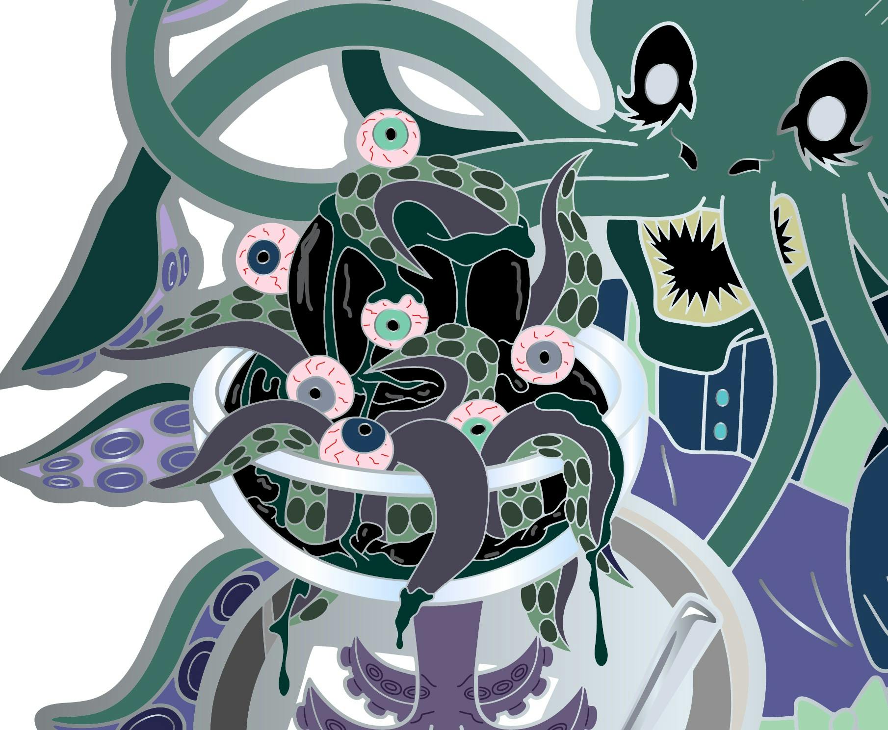 V3: Pearl Effect Black IceScream: Natural Colored Eyes with Rosy Glow-in-the-Dark Scleras, Llilac Gray/Greenish Tentacles, Dark Green Glitter Slime