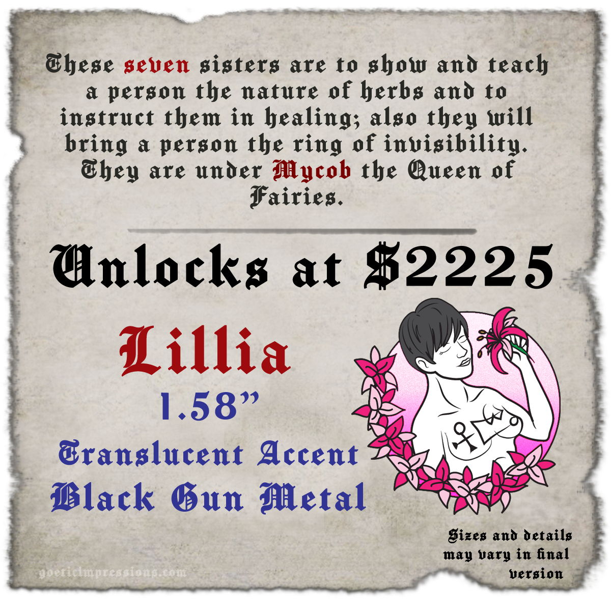  Seven Faerie Sisters Stretch Goals: Lillia pin design 