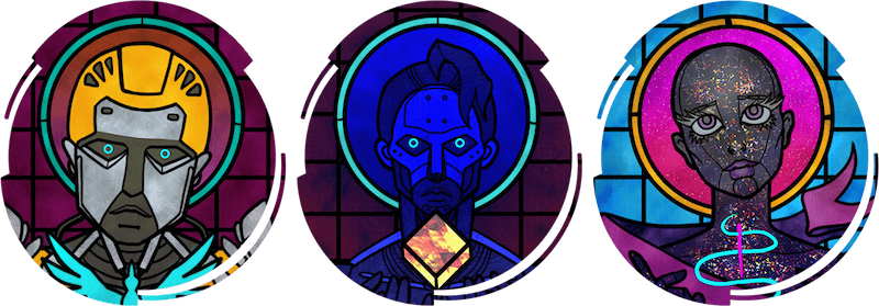 Stained glass style drawings of a silver and yellow laborbot that looks like he does construction, a majority black, hard to see military robot holding a cube, and a black silicone bot that looks female.