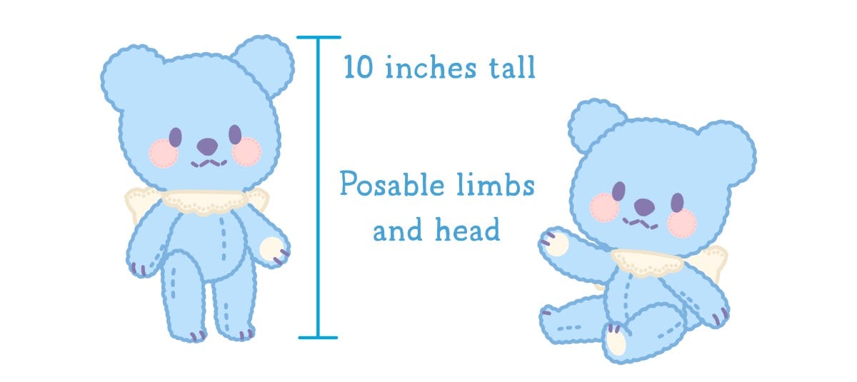 Drawings of Doily. Shows that Doily is 10 inches tall and can be posed.