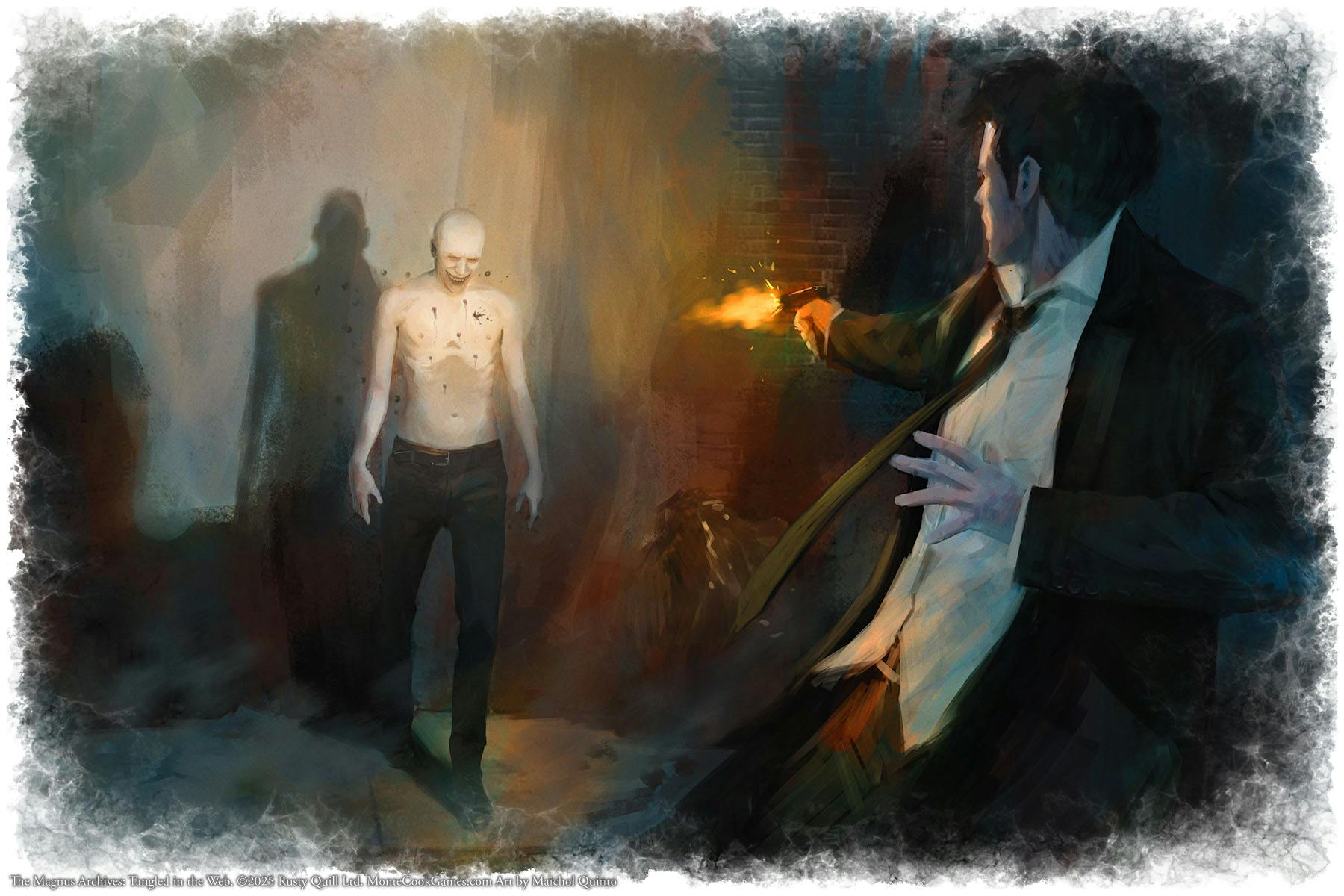 An image of a bald man getting shot by a second person, but the bullets do not seem to affect him as he keeps coming, with a smile on his face.