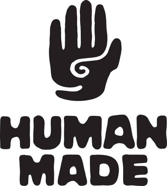 Graphic with hand raised up and lines swirling under palm and between thumb and index finger. Text underneath says HUMAN MADE.