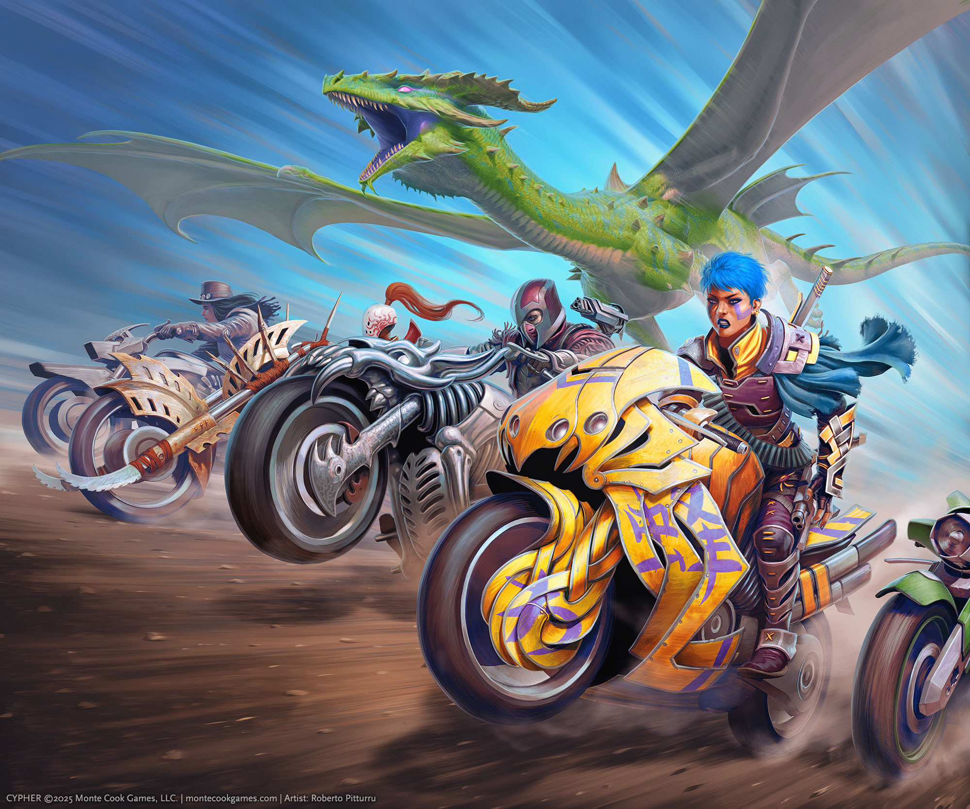 Enchanted motorbikes of varying colors and armament race together as a green dragon flies overhead