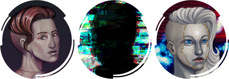 A 3/4 profile of a cyborg man with brown hair and a side shave, a 3/4 view of some sort of glitchy looking shadow, maybe of a face? and a 3/4 view drawing of a white and gold cyborg woman with white hair and blue eyes.
