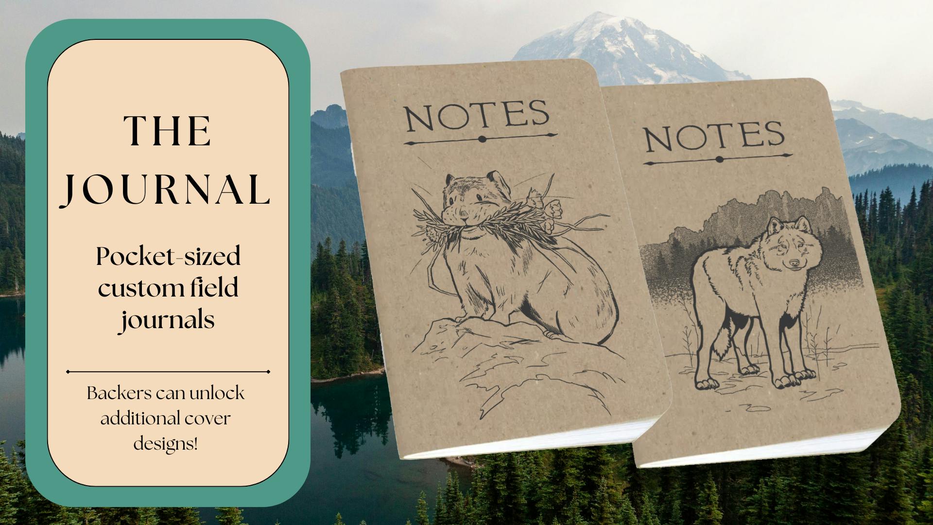 two mockup designs of field notes journals featuring the pika and the gray wolf.