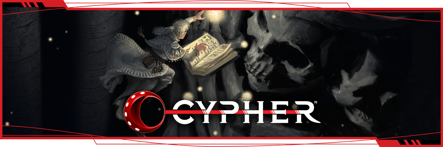 Graphic header with the Cypher logo over a piece of art showing a wizard hovering over the husk of a dead god.