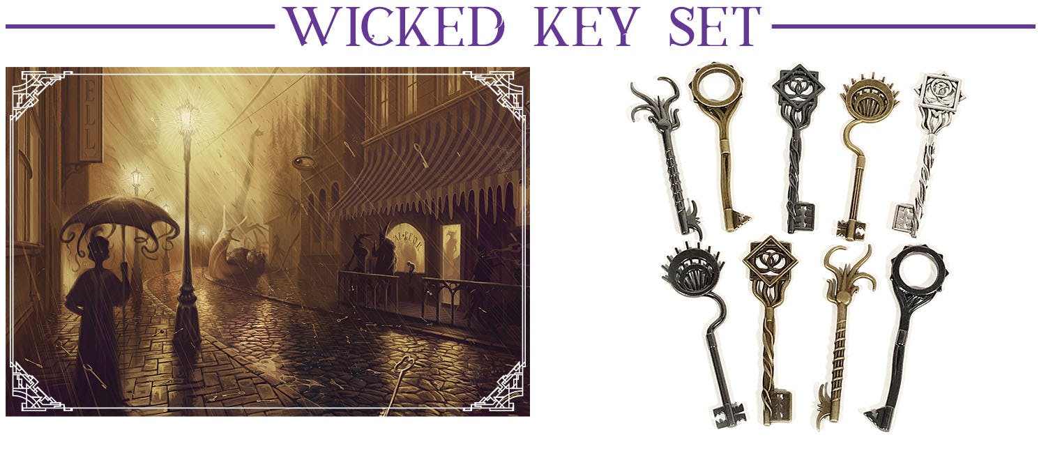 Header: Wicked Keys Set. Plus an image of the original Wicked Key Set, and an image of Satyrine during a Keyfall.