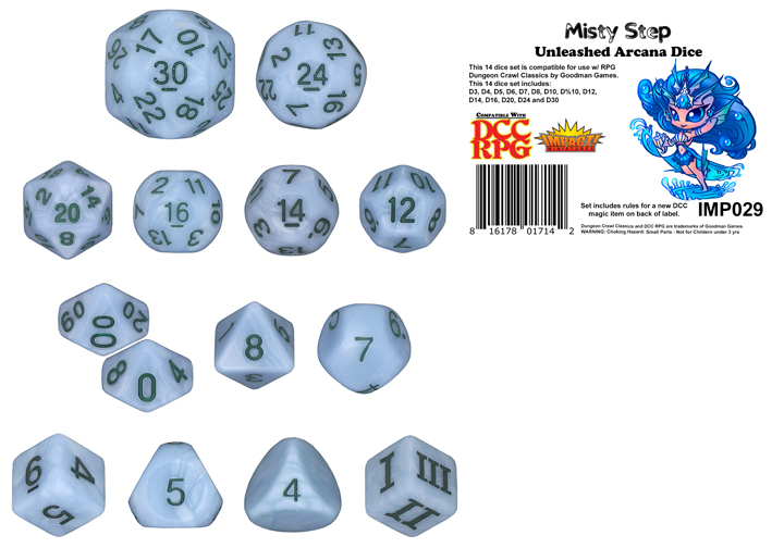 Misty Step DCC 14 dice set plus DCC/5E magic item PDF for Anklet of Aqueous Translocation