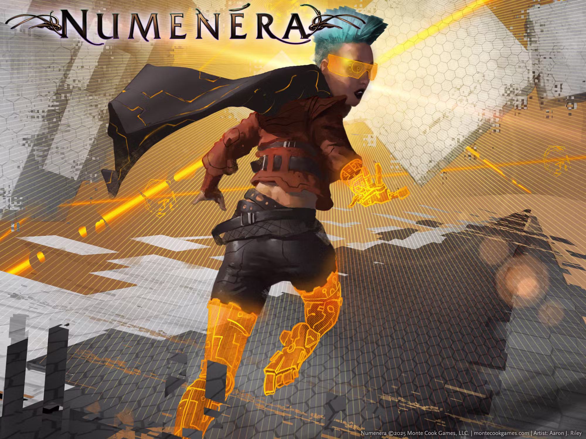 A Nano floating in a world of hexagons, reaches out to alter reality with their virtual, amber hands.