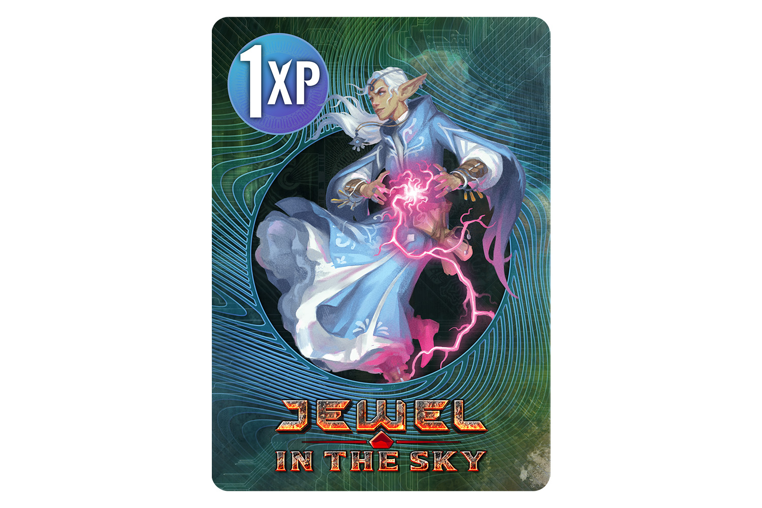 Mockup of a Cypher XP card featuring the Jewel in the Sky logo and an image of an arcane elf gathering a ball of red lightning.