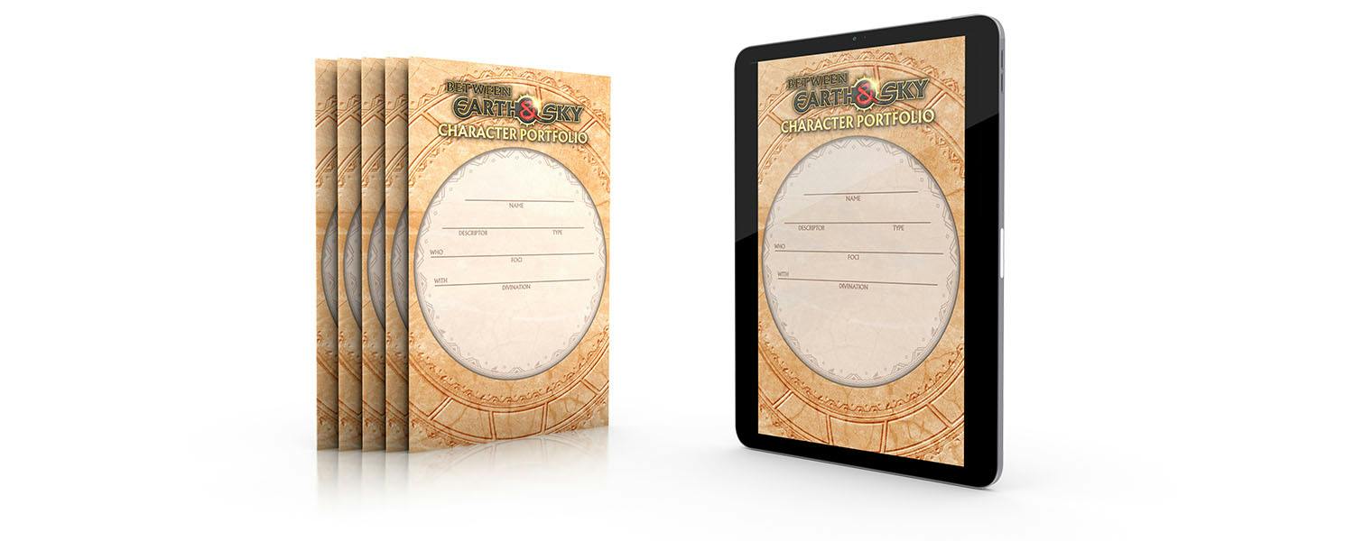An illustration showing physical copies of the Character Portfolios as a set of 5, as well as the digital PDF on an iPad.