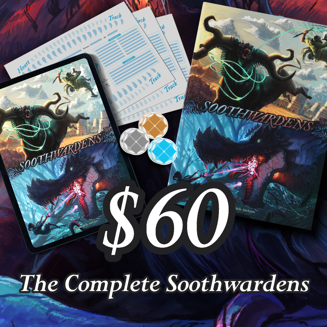 Tier description for The Complete Soothwardens Tier over a dead monster background. Physical and digital book mockups are centered with game tokens and character sheets layered on top. The tier text is underneath.