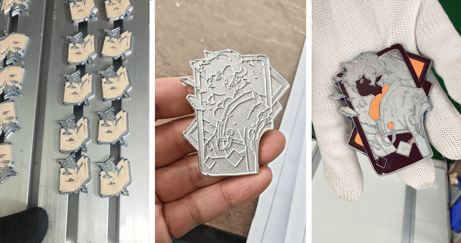 Three photos showing the freebie pin on a metal rack, with the white pages filled. The second picture shows The Tower's base pin without enamel and plating. The third picture depicts the first few colors being added to the Tower pin.