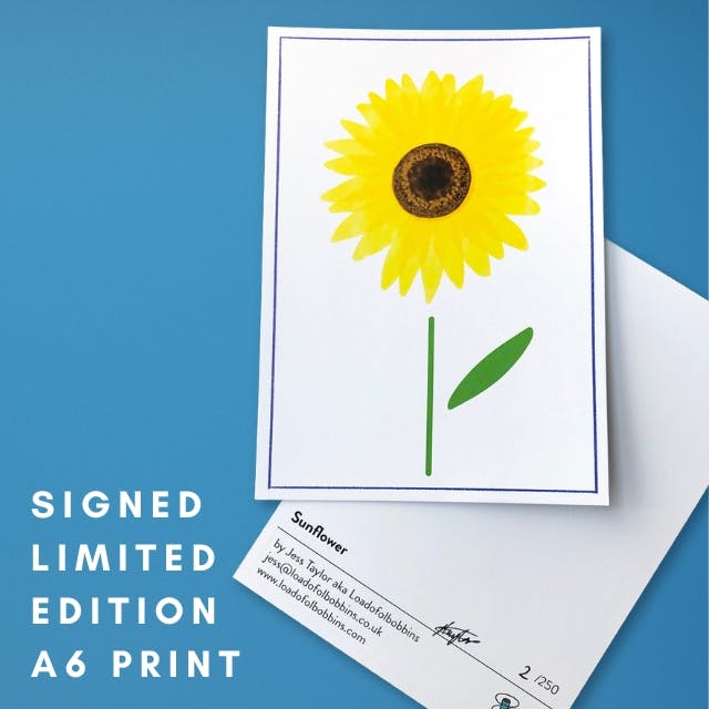 an A6 sized signed limited edition print of a sunfower illustration created by Loadofolbobbins. Simplified and minimalist in style it also has a blue border with a white background