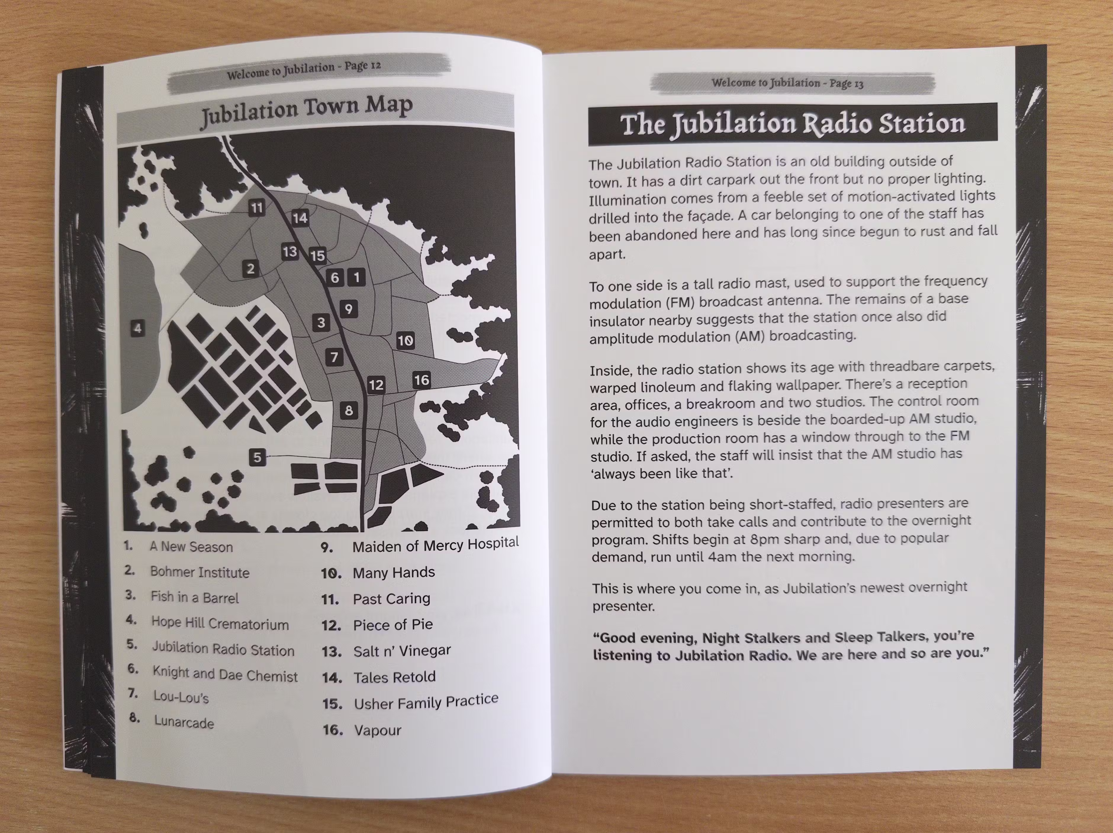An A5 book, open to a spread of the Jubilation Town Map and a description of the Jubilation Radio Station.