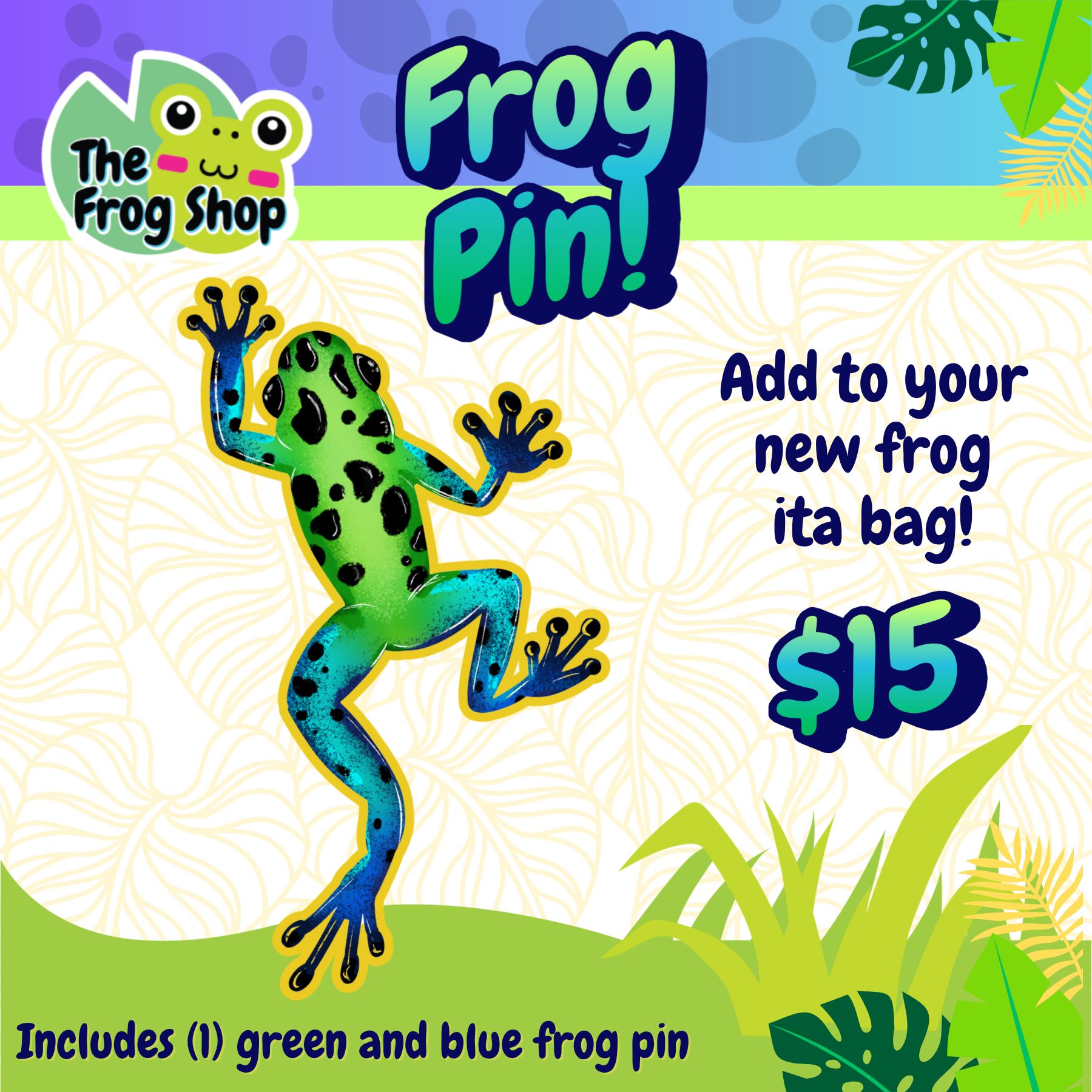 Green and Blue Frog Pin