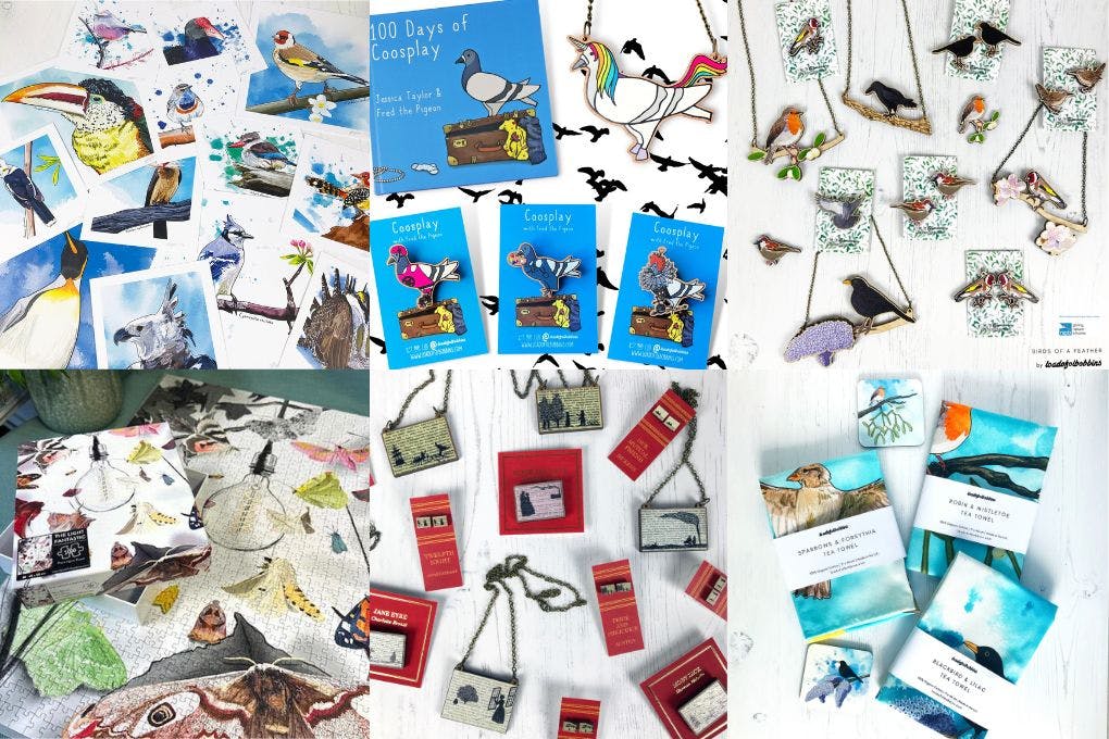 a grid of 6 photos from top left a flat lay of colourful bird illustration prints, a series of pins a necklace and a book showing illustrations of a pigeon cosplaying as an artist, a unicorn, a roller derby player and Elizabeth 1st, a collection of laser cute wooden jewellery made from illustrations of birds, a collection of tea towels and coasters with bird illustrations on, a collection of laser cut wooden jewellery inspired by classic literature and a 1000 piece moth themed jigsaw