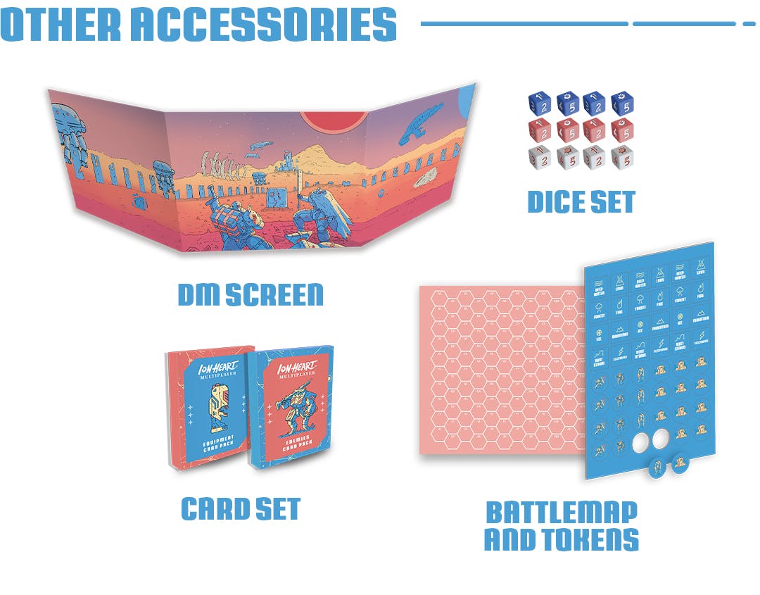 GM Screen, two Card Decks, Colourful dice set, battle map and tokens