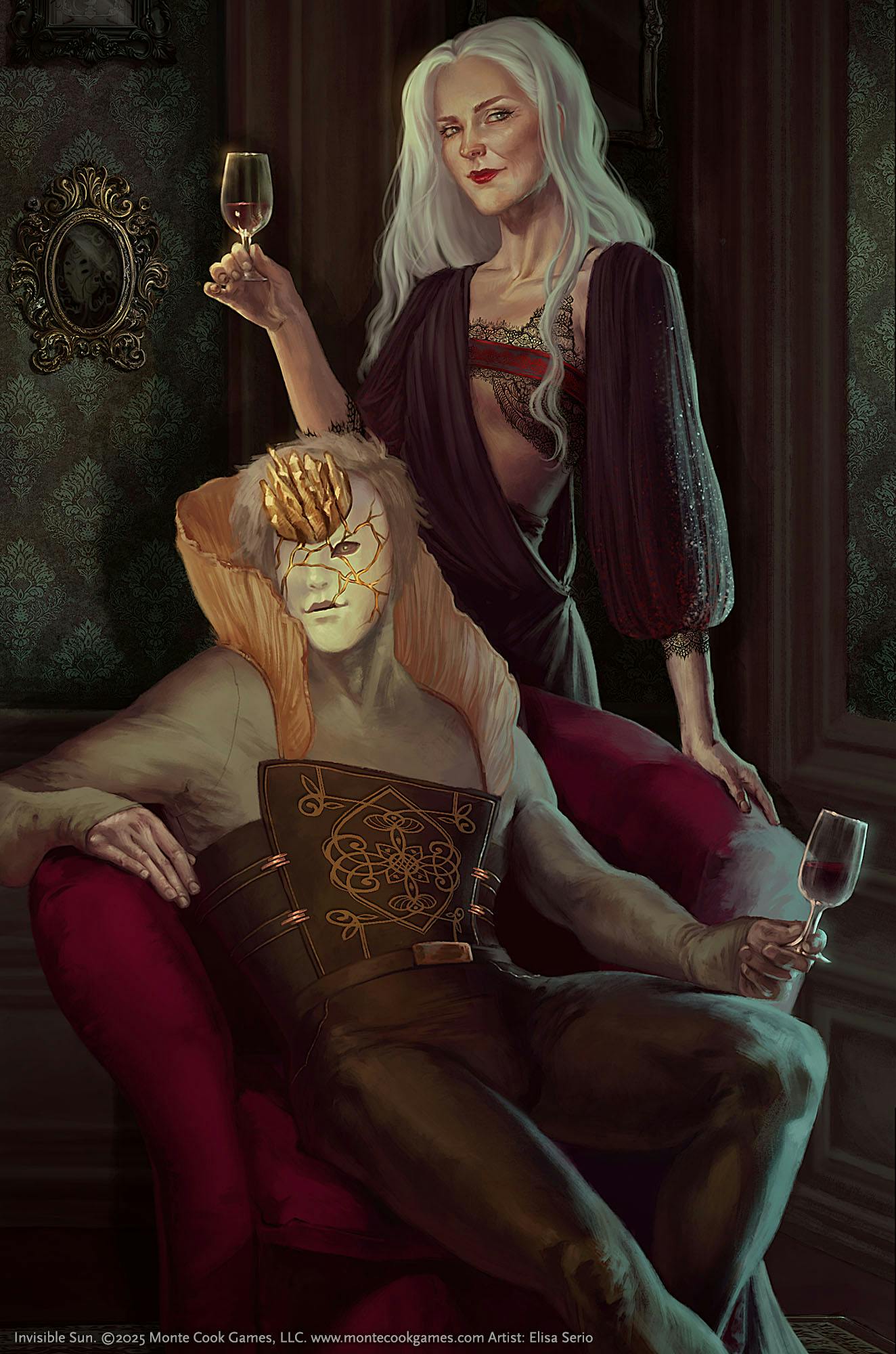 An illustration of two characters enjoying wine, both clearly Vislae.
