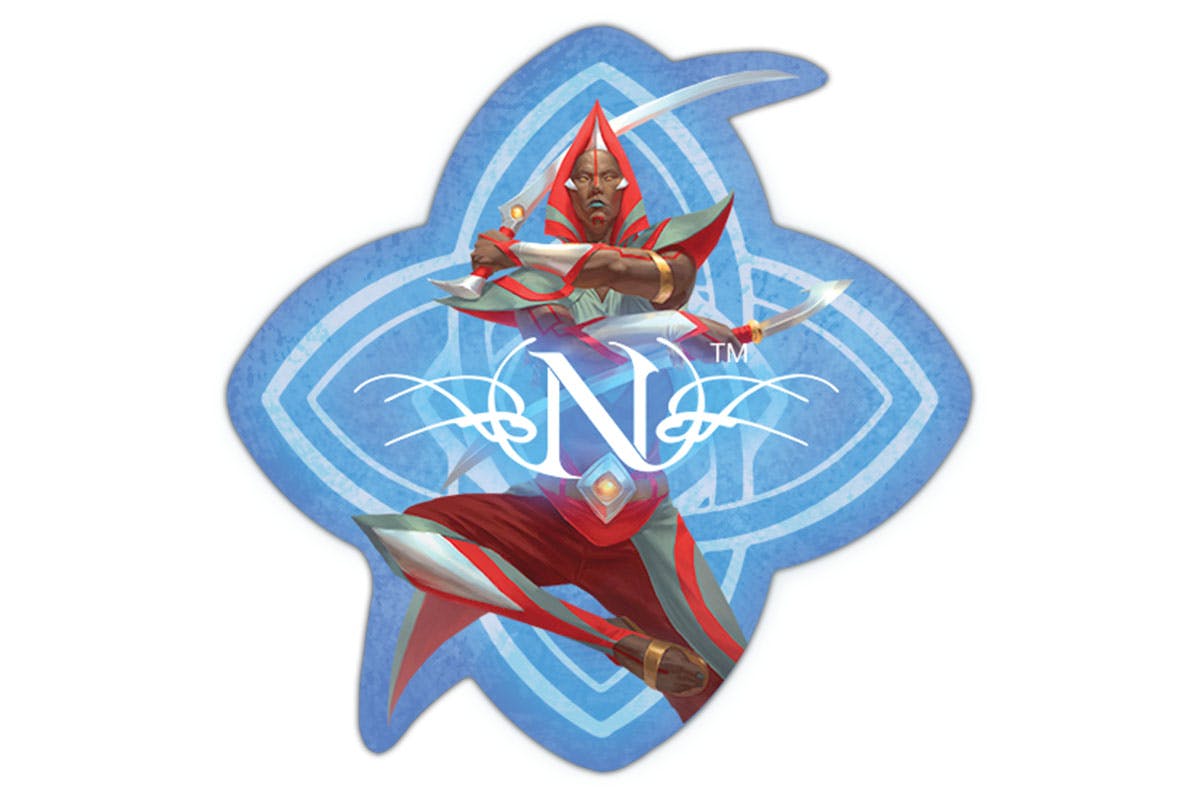 Mockup of a sticker showing a sword-wielding fantasy character, over the Order of Truth symbol and with a graphic "N" styled like the Numenera logo.