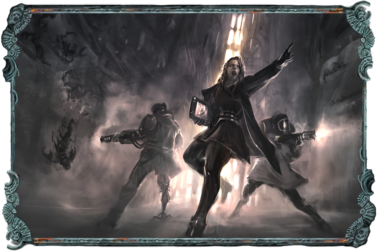 Illustration showing a group of sci-fi adventurers fighting off supernatural creawtures in a dark dungeon room.