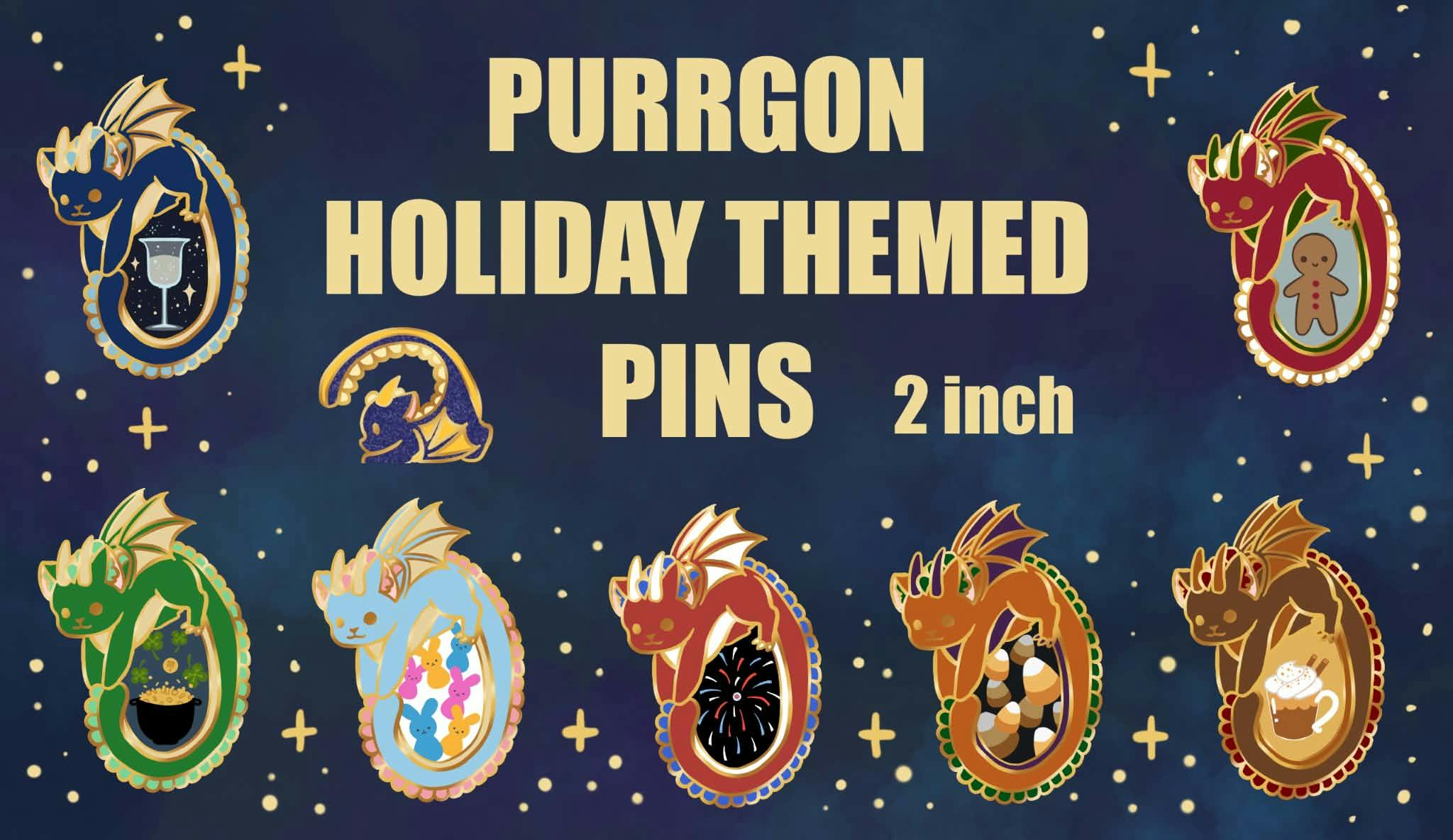Purrgon's holiday themed pins