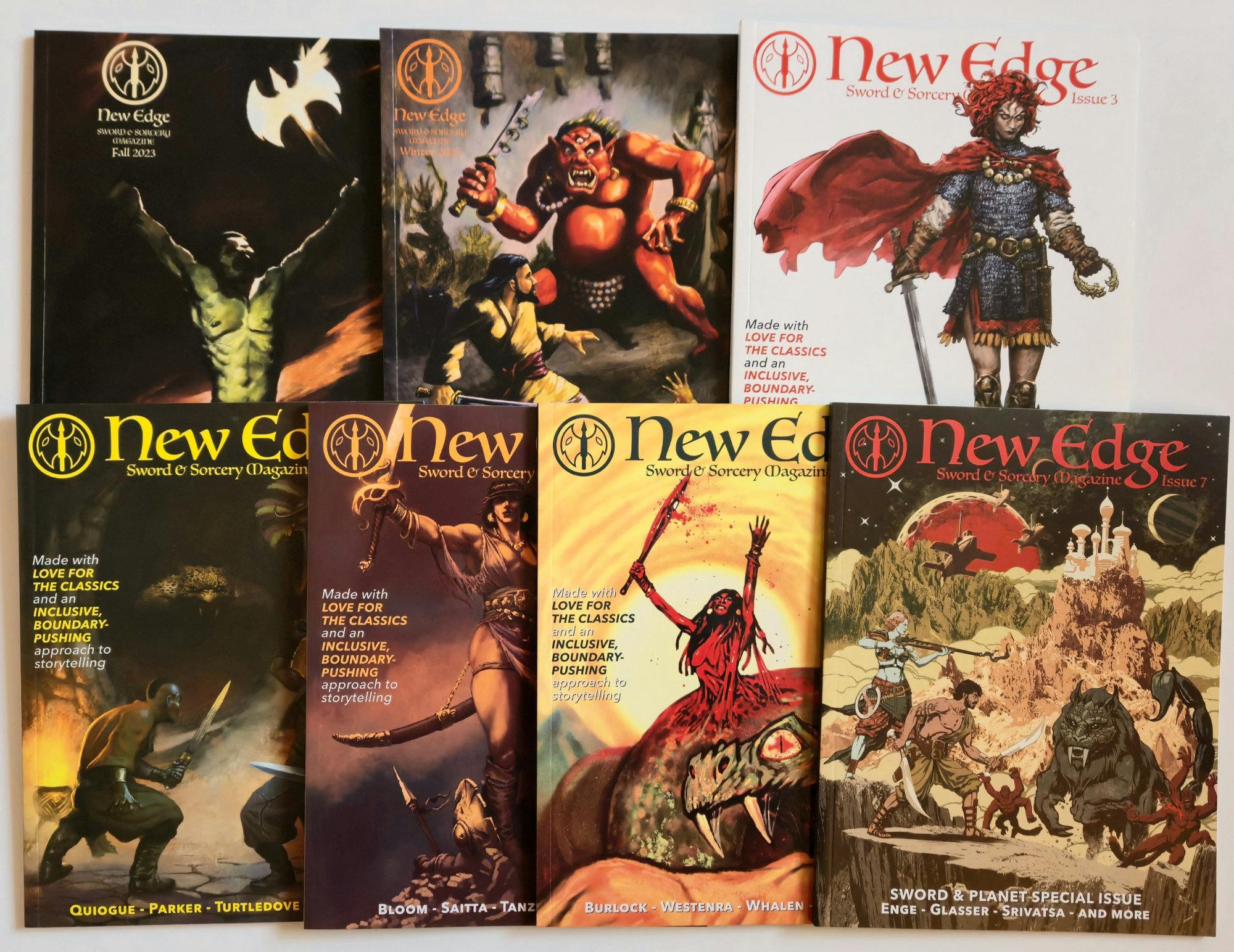  Issues one through seven of New Edge Sword & Sorcery laid out in two rows. 