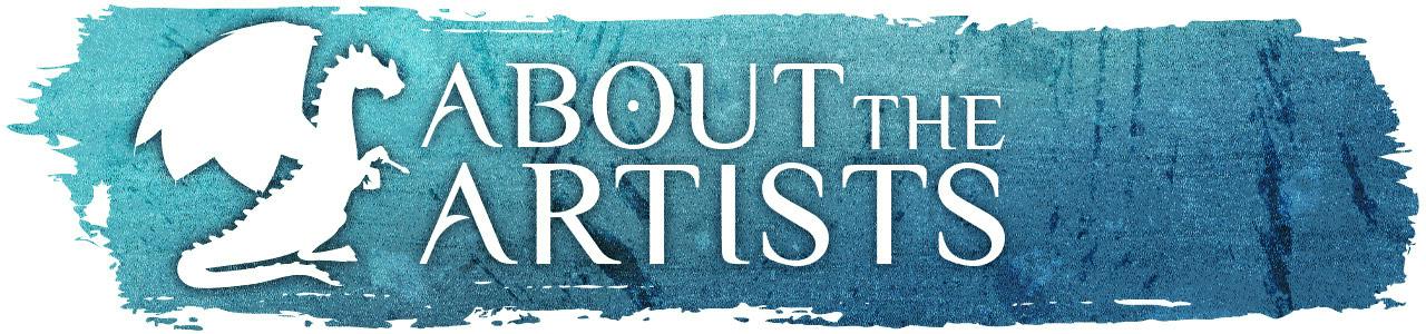 A brushstroke in blue-washed gradient, bearing a white silhouetted dragon and the title "About the Artists"
