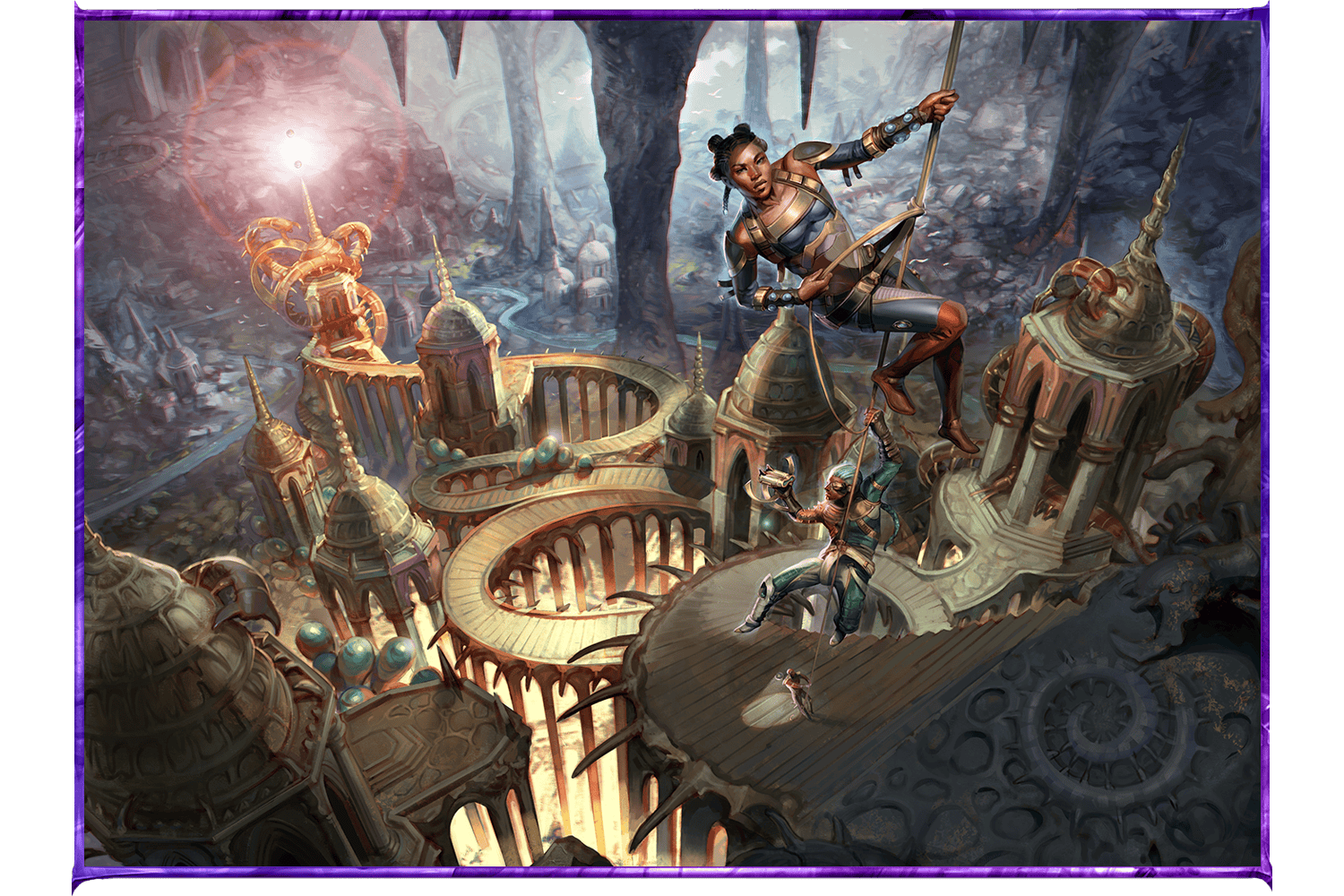 An illustration showing a group of adventurers decending down into an ancient ruin beneath the ground.