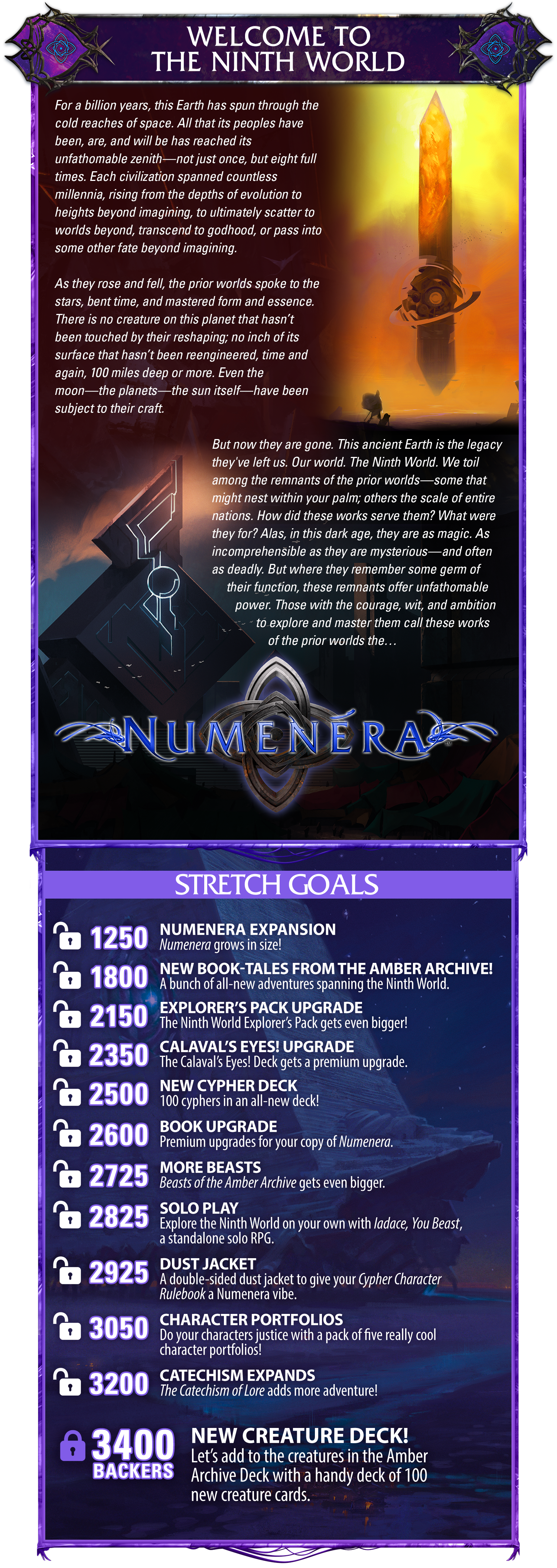 Header: Welcome to the Ninth World. Body copy: For a billion years, this Earth has spun through the cold reaches of space. All that its peoples have been, are, and will be has reached its unfathomable zenith—not just once, but eight full times. Each civilization spanned countless millennia, rising from the depths of evolution to heights beyond imagining, to ultimately scatter to worlds beyond, transcend to godhood, or pass into some other fate beyond imagining. As they rose and fell, the prior worlds spoke to the stars, bent time, and mastered form and essence. There is no creature on this planet that hasn’t been touched by their reshaping; no inch of its surface that hasn’t been reengineered, time and again, 100 miles deep or more. Even the moon—the planets—the sun itself—have been subject to their craft. But now they are gone. This ancient Earth is the legacy they've left us. Our world. The Ninth World. We toil among the remnants of the prior worlds—some that might nest within your palm; others the scale of entire nations. How did these works serve them? What were they for? Alas, in this dark age, they are as magic. As incomprehensible as they are mysterious—and often as deadly. But where they remember some germ of their function, these remnants offer unfathomable power. Those with the courage, wit, and ambition to explore and master them call these works of the prior worlds the… Numenera. Art shows the Amber Monolith as well as a cool building, plus the Numenera logo over the Order of Truth symbol. STRETCH GOALS UNLOCKED: 1250 backers: Numenera Expansion: Numenera grows in size! 1800 Backers: New book—Tales from the Amber Archive. A bunch of all-new adventures spanning the Ninth World! 2150 Backers: Explorer's Pack Upgrade. The Ninth World Explorer's Pack gets even bigger! 2350 Calaval's Eyes! Upgrade. The Calaval’s Eyes! Deck gets a production upgrade with premium features. 2500: New Cypher Deck. 100 cyphers in an all-new deck! 2600: Book Upgrade. Premium upgrades for your copy of Numenera. 2725: More Beasts! Beasts of the Amber Archive gets even bigger. 2825: Solo Play! Explore the Ninth World on your own with Iadace, You Beast, a standalone solo RPG. 2925: Cypher Dust Jacket! A double-sided dust jacket to give your Cypher Character Rulebook a Numenera vibe. 3050: Character Portfolios! Do your characters justice with a pack of five really cool character portfolios! 3200: Catechism Expands: The Catechism of Lore adds more adventure! LOCKED: 3400 BACKERS: NEW CREATURE DECK! Let’s add to the creatures in the Amber Archive Deck with a handy deck of 100 new creature cards.