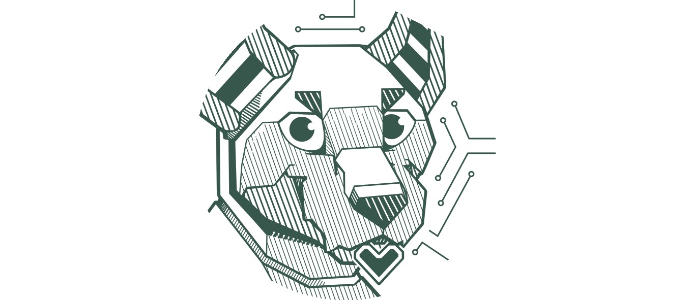 Little circular drawing of Byte holding a tiny geometric heart in her mouth.