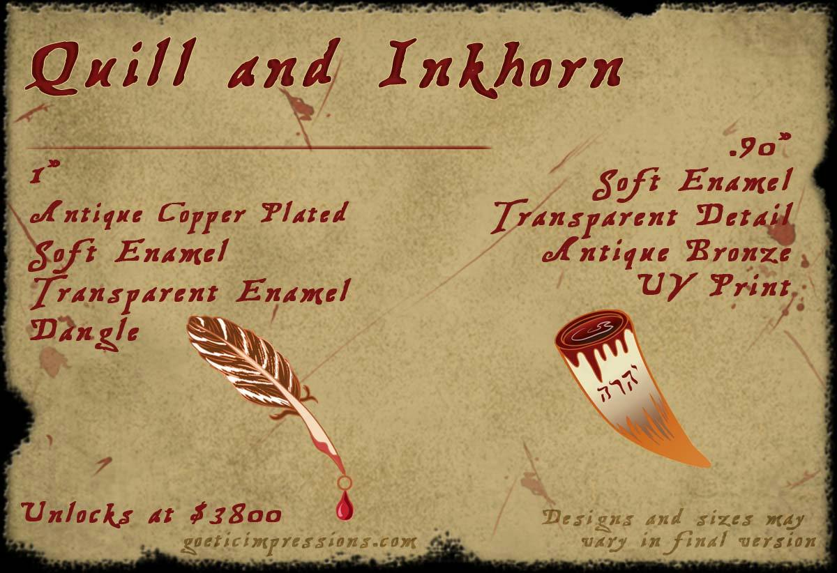 Enamel pin designs of a Quill and Inkhorn inspired by the Grimorium Verum