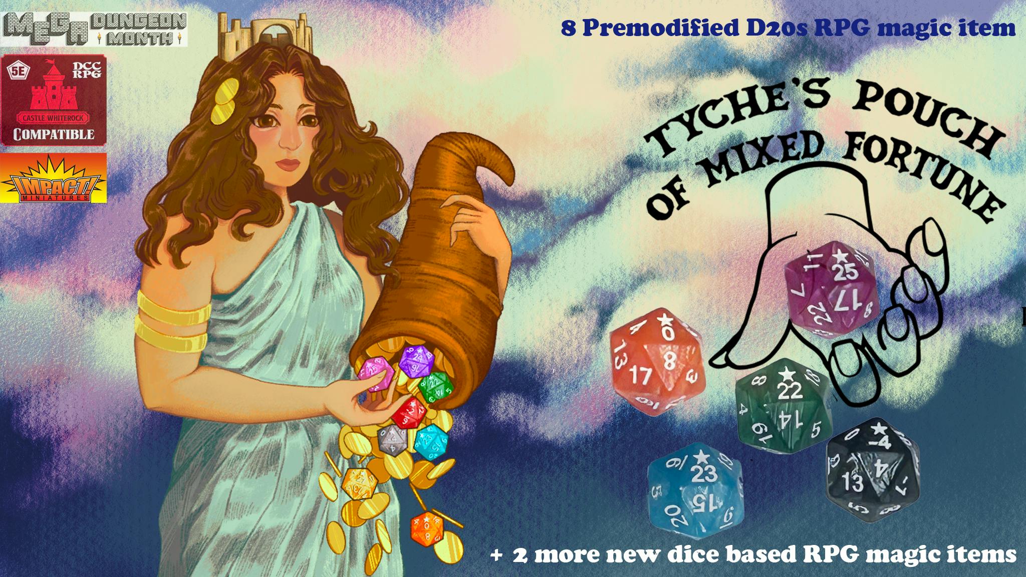 Tyche's Pouch - 8 Pre-Modified D20s + more dice magic