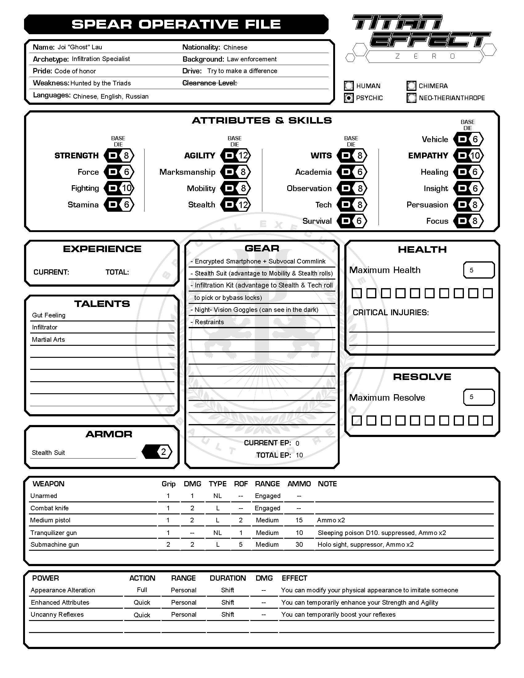 "Titan Effect Zero" character sheet.
