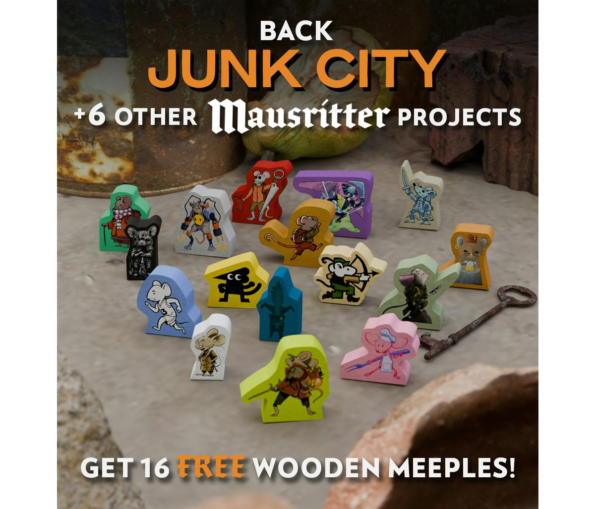 Back Junk City + 6 other Mausritter projects and get 16 FREE wooden meeples!