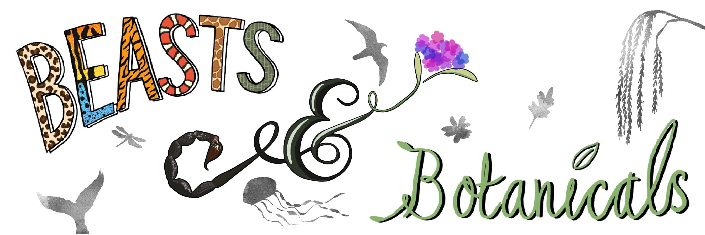 text says beasts and botanicals. The word beasts is made up of different animal markings and botanicals is written like a vine. In the background are silhouettes of different animals and plantshttps://www.backerkit.com/c/collections/beasts-and-botanicals
