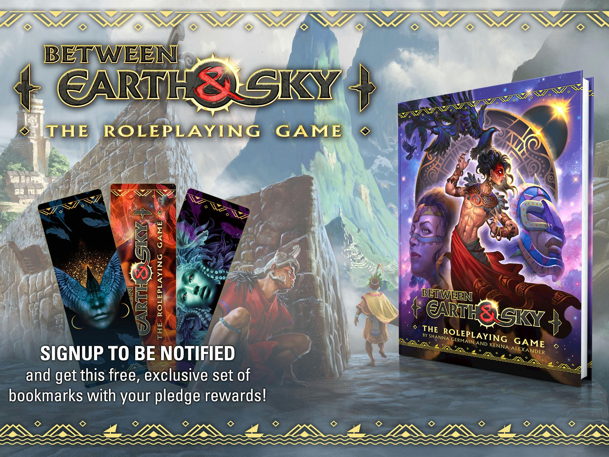 Image showing a set of three bookmarks alongside a mockup of the Between Earth and Sky roleplaying game book, against a background image depicting a character stealthfully following another through a fantasy city high in the mountains.