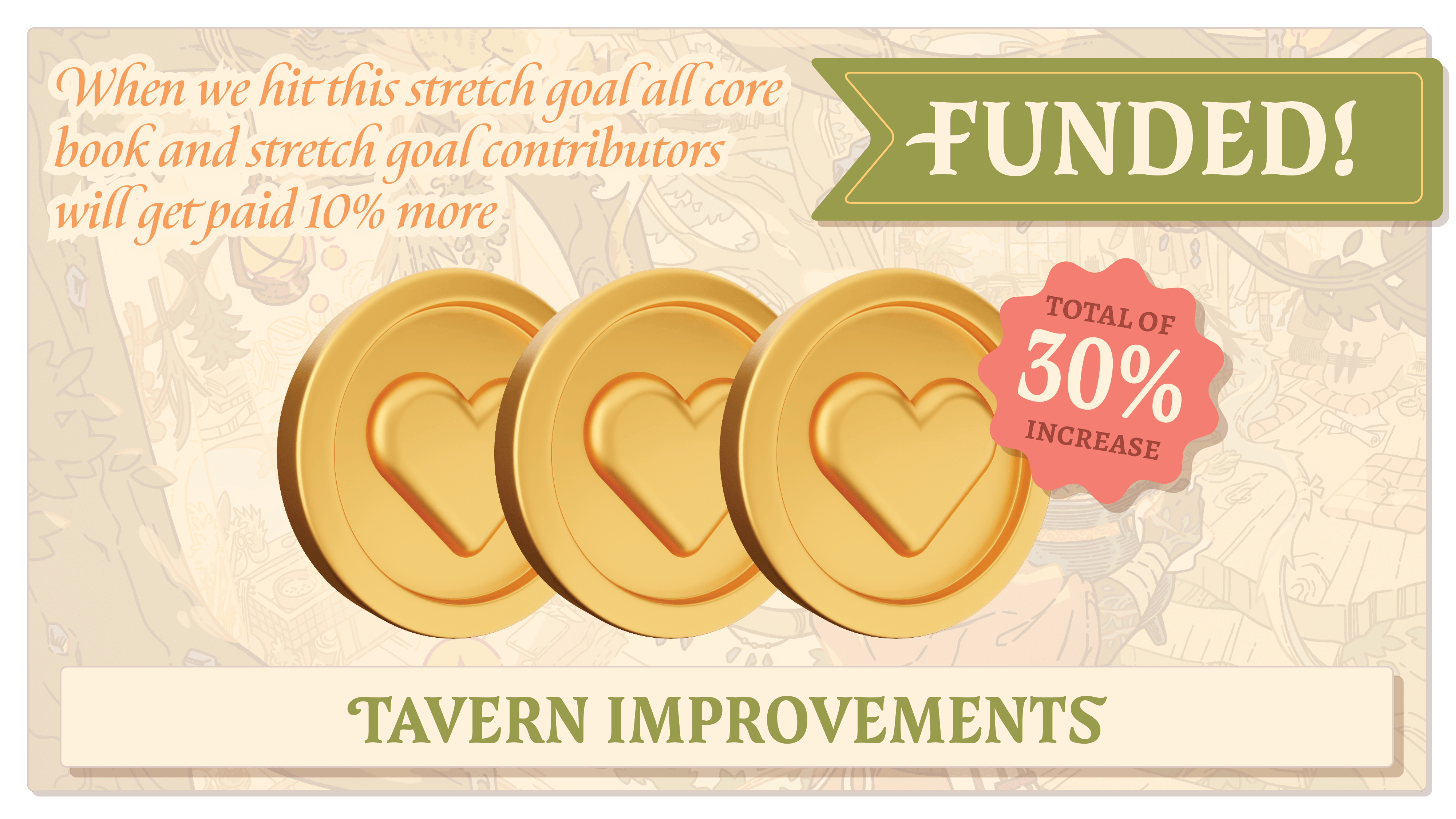 Tavern Improvements (30%). When we hit this stretch goal all core book and stretch goal contributors will get paid 10% more.