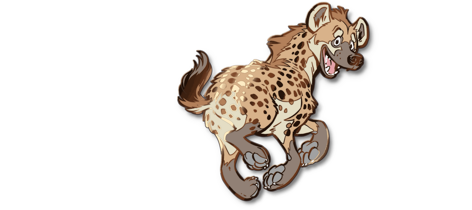 Full body pin of a running and smiling spotted hyena.