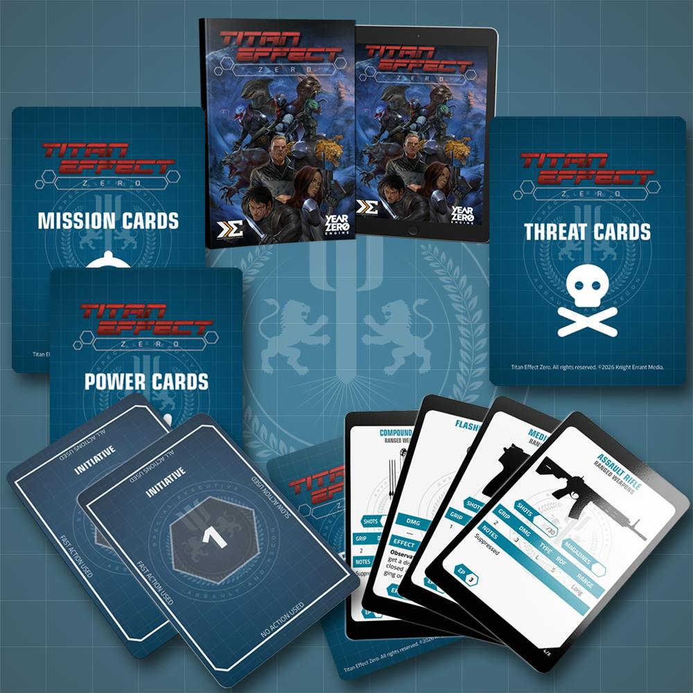 Double Agent pledge reward. "Titan Effect Zero Corebook" + "Gear Cards" + "Power Cards" + "Initiative Cards" + "Mission Cards" and "Threat Cards."