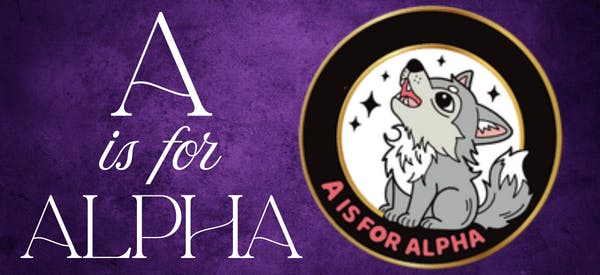 A for Alpha, art featuring a cute cartoon wolf howling