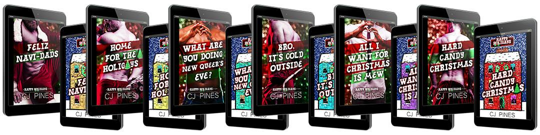 Tablets showing eBook covers for the Happy Holigays series (with alternate steamy cover variants), including .