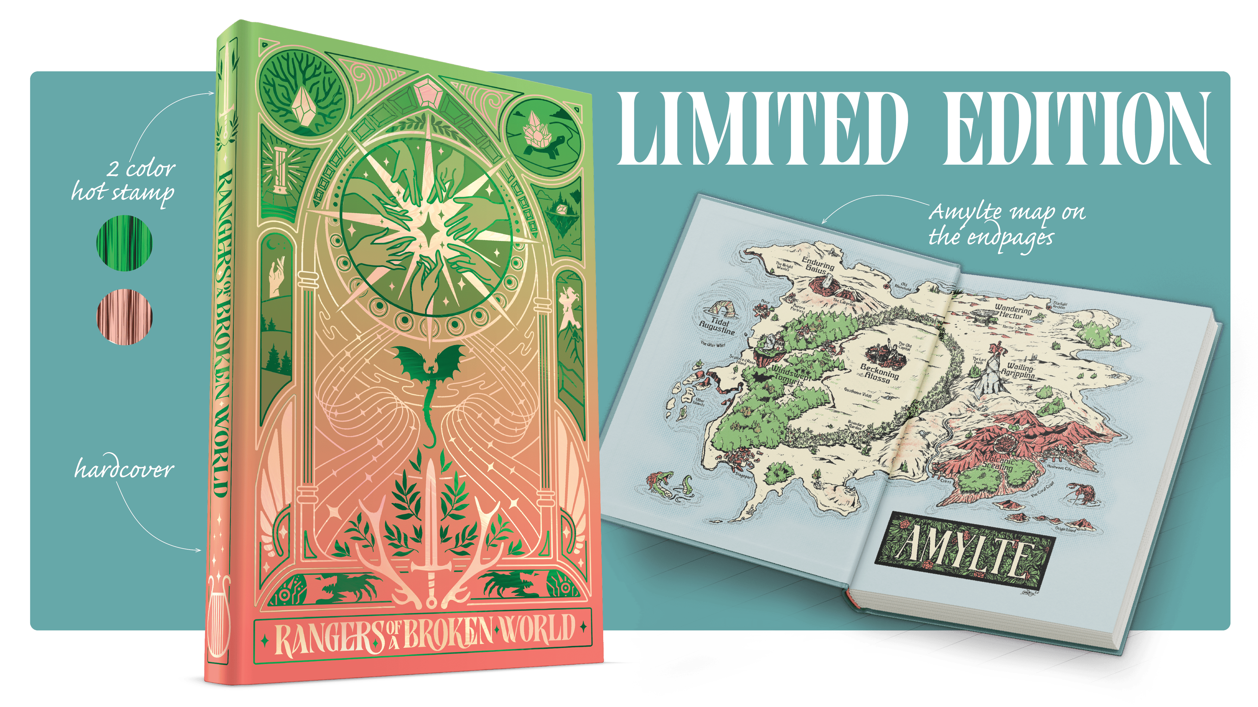 Image featuring the Limited edition with two color metalic cover and custom endpapers featuring the map of Amylte