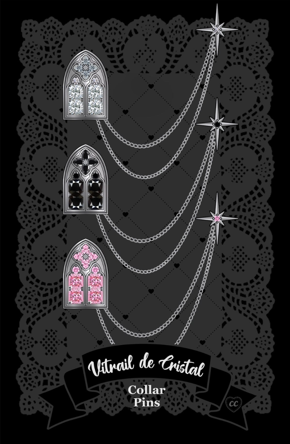 TWO Vitrail de Cristal collar pin SETS