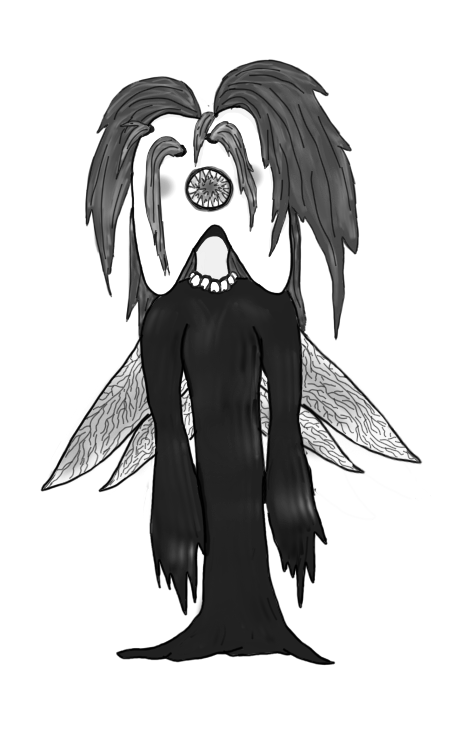 a tall creature with a tooth for a head, with an open, gaping mouth full of teeth. They have clumps of hair growing out of odd places and have wings made of nerves