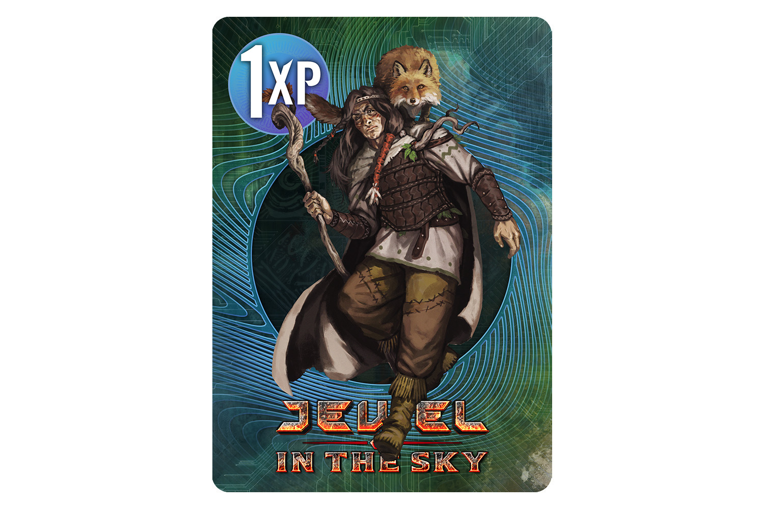 Mockup of a Cypher XP card featuring the Jewel in the Sky logo and an image of a fantasy druid character holding a staff and with a fox on his shoulder.