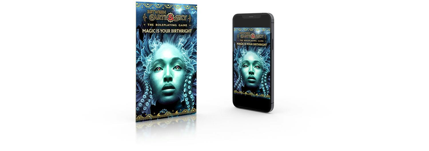An illustration showing Magic Is Your Birthright as a physical zine with accordion-style binding, as well as the digital PDF on mobile.