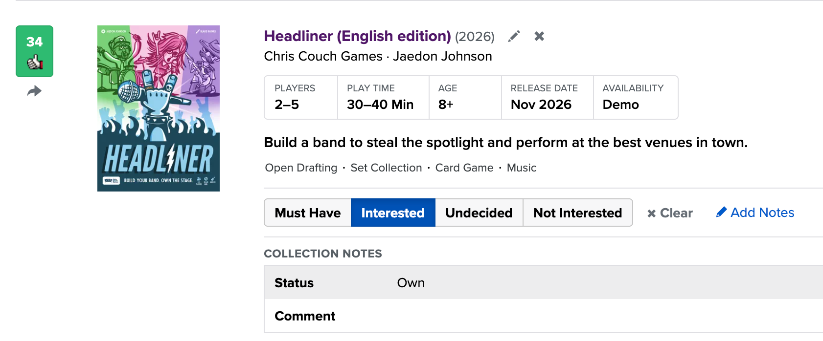 50 Likes on Headliner - BGG's Origins Preview