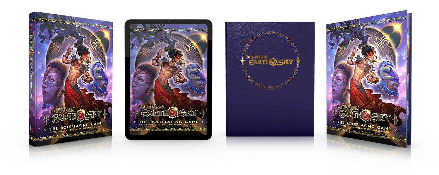 Illustrations of the corebook, Between Earth & Sky: the Roleplaying Game, showing it in: standard edition, digital PDF on an iPad, the deluxe edition without a dust jacket, and the deluxe edition with a dust jacket.